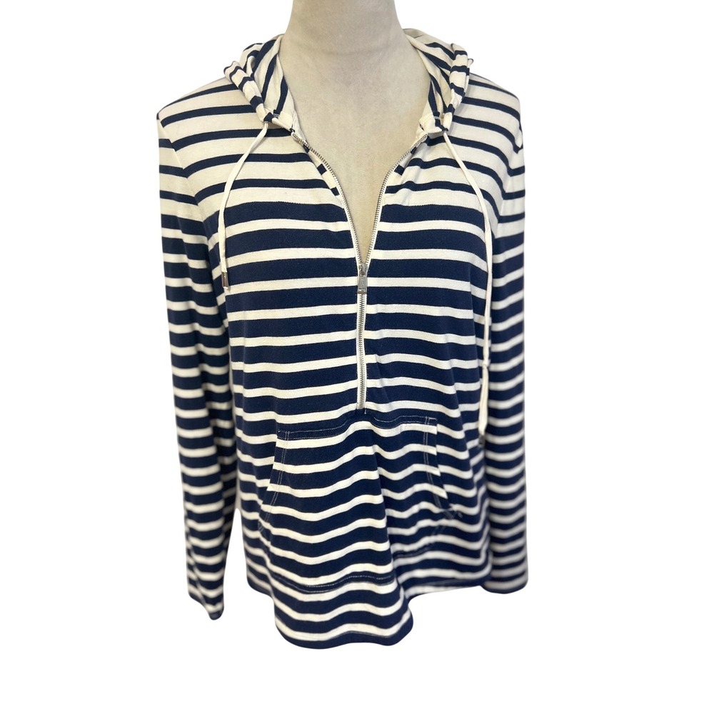 Lauren Ralph Lauren Active Navy White Striped Quarter Zip Hoodie Womens LRL